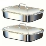 KESHAL 2 Pcs Heavy Duty Stainless Steel Buffet Serving Trays with Lids | 32 x 19 x 6 CM Deep Steam Table Pans | Multipurpose Roasting, Baking, Meal Prep & Food Storage Containers | Silver