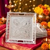 HOCRA Pooja Thali Set of 4 | 10 Inch Silver Plate for Puja | Silver Decorative Plate | Pooja Thali Decorative | Traditional Gift for Diwali, Navratri, Wedding, Housewarming, Baby Shower & Festivals