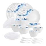 CELLO Blue Swirl Dazzle Series Opalware Dinner Set of 35 Pieces for Family of 6 | Bone-Ash Free & Leadfree Opal Glass, Microwave & Dishwasher Safe, Plates & Bowls Crockery Set for Dining & Gifting