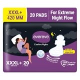 Evereve Comfort Nights Sanitary Pads XXXL+ 420mm, 20 Pads, 60% Longer with Wider back For All Night Care, Very Heavy Night Flow Absorption, Up to 100% Leak Protection, Rash-Free Breathable Comfort