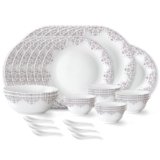 Larah by Borosil Lark Fluted Series Opalware Dinner Set | 33 Pieces for Family of 6 | Microwave & Dishwasher Safe | Bone-Ash Free | Crockery Set for Dining & Gifting | Plates & Bowls | White