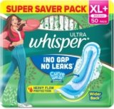 Whisper Ultra Upto No Gap No Leaks* Sanitary Pads, 50 XL+ Pads, For Heavy Flow Protection, With CURVEWEAR Technology, Cotton Like Softness, Disposable Wrapper, Locks Odour & Wetness (*Based on P&G Technical Data) (Product Does Not Contain Cotton)