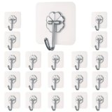 Transparent Self Adhesive Wall Hooks with 180 Degree Rotatable Stainless Steel Hook, Flower Design Self Stick Wall Hanger for Kitchen Bathroom Home and Office, Pack of 20