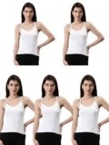 Dixcy Slimz Solid Slim Fit Scoop Neck Sleeveless Cotton Camisole for Women(Annie_White_S_Pack of 5