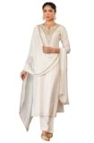 Janasya Women’s Off White Chanderi Silk Gold Zari Yoke Embroidered Straight Kurta Set(JAB25ST02849-M)