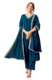 Janasya Women’s Teal Blue Velvet Zari Embroidered Straight Kurta Set