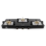 Tower Gas Stove 3 Burner 8mm Toughened Glass Brass Valves Lpg Black