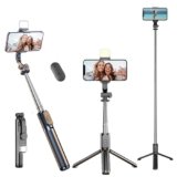 Kratos K14 Selfie Stick Tripod, 100CM Length with Light, 3 in 1 Multifunctional Design, Rechargable LED Light with Two Brighness Levels for Make up, Selfie & Photo Shoot with Bluetooth Remote