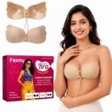 FEXMY Silicone Adhesive Stick On Bra for Women, Strapless Push Up Bra, Reusable Sticky Bra for Deep Neck, Off Shoulder & Backless Dresses, Invisible Lift Up Bra Cups_B Cup (1xBeige_Butterfly)