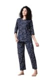 Ichaa Women’s Cotton Printed Round-Neck Night Suit Set with Pocket Blue