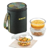 Borosil Foodluck Olive Lunchbox | 400ml x 3pc Round Container Set| Made in India Borosilicate Glass | Microwave & Dishwasher Safe | Tiffin for Office, School, College | Vertical