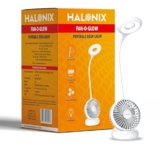 Halonix Polycarbonate Fan-O-Glow Portable Led Desk Light | Study Lamp with Fan | 3 Light Modes | 3 Speed Fan Modes | Rechargeable Study Lamp | Emergency Light |, White