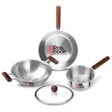 Milton Pro Cook Triply Stainless Steel 4 Pc Cookware Set | 24cm Kadai with Lid, 22cm Frypan, 16cm Tea Pan | Induction & Gas Compatible | Fast Heating | Sturdy Wooden Handle | 3-Year Warranty – Silver