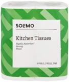 Amazon Brand – Solimo Kitchen Tissue Rolls | 2 Ply Kitchen Paper Roll | 120 Pulls | 60 Pulls x 2 Rolls | Food Safe | Highly Absorbent | OBA-Free | 100% Natural Virgin Cellulose Fiber