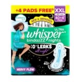 Whisper Bindazzz Nights 44 XXL Sanitary Pads, Upto 0% Leaks All Night Long, For Heavy Flow, Nearly 40% Longer with Wider Back, Active odor lock so you feel fresh, Disposable Wrapper