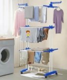 FLIPZON Premium 3 Layer Clothes Drying Stand with Wheels | Foldable Wings | Double Pole Alloy Steel Rack | 360° Rotatable Hanger Rods | Portable Balcony Laundry Dryer (White & Blue)