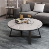 Furniture Café Modern Round Coffee Table with White Marble Finish Top and Black Metal Base – Living Room Center Table