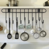 THE ORGANISER COMPANY Self Adhesive Kitchen Hook Rack | No Drill Wall Mounted Utensil Hanger with 11 Hooks | Heavy Duty Carbon Steel Kitchen Rail for Pots, Pans & Tools | Space Saving (Black)